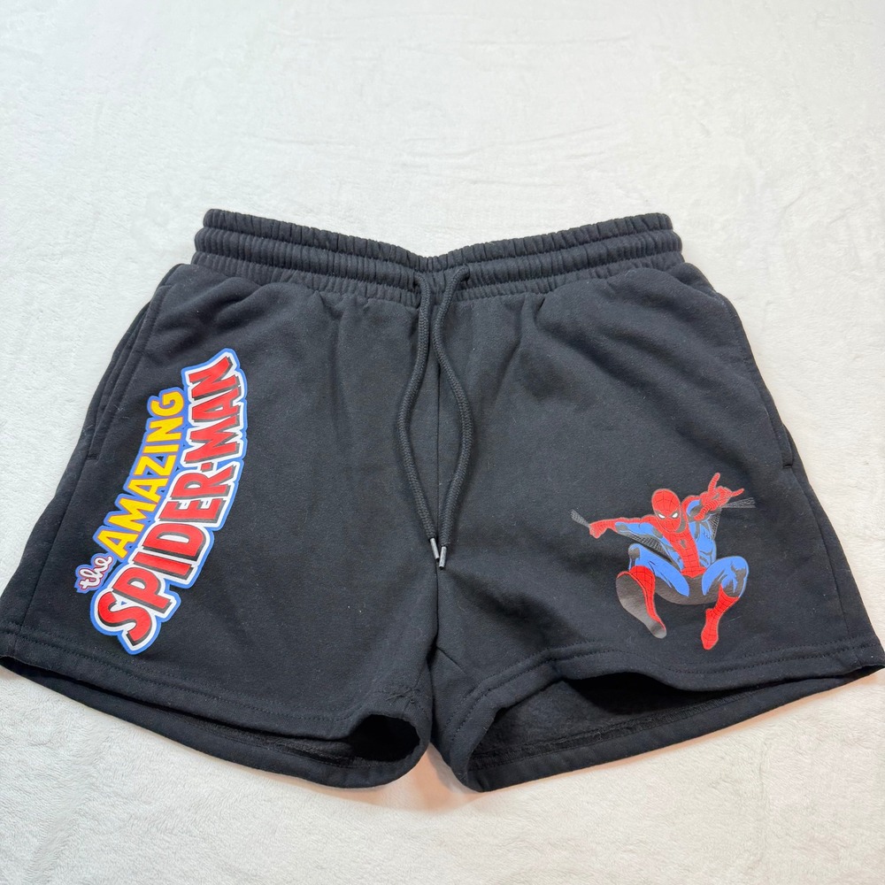 Marvel Spider-Man Graphic Sweat Shorts Mens L Black Good Fleece Drawstring